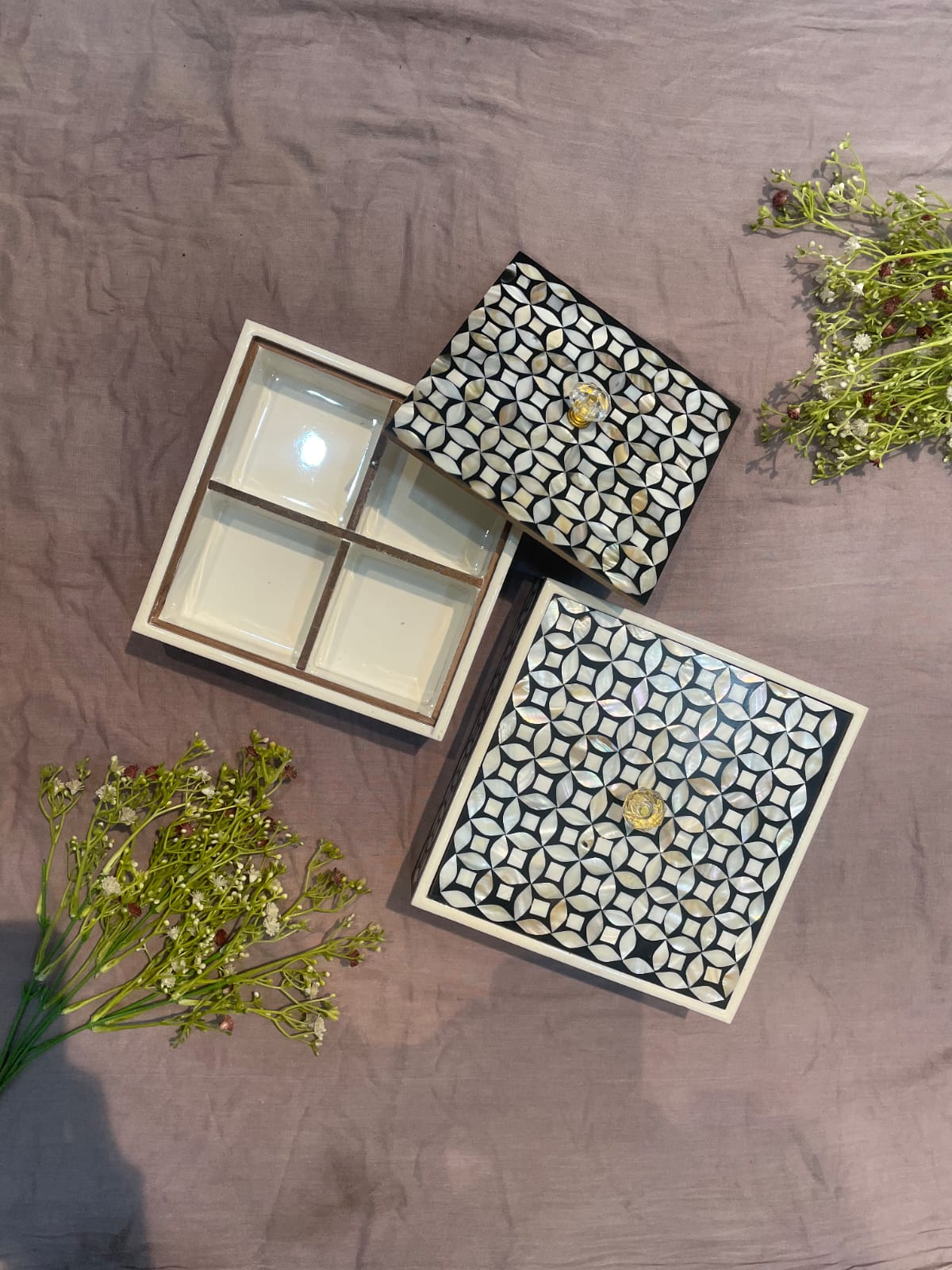 wooden squared mother off pearl box