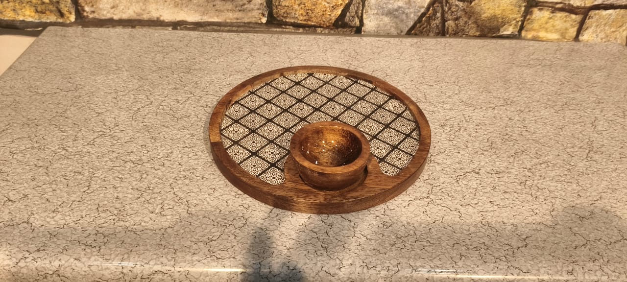 wooden enamel bowl and plate