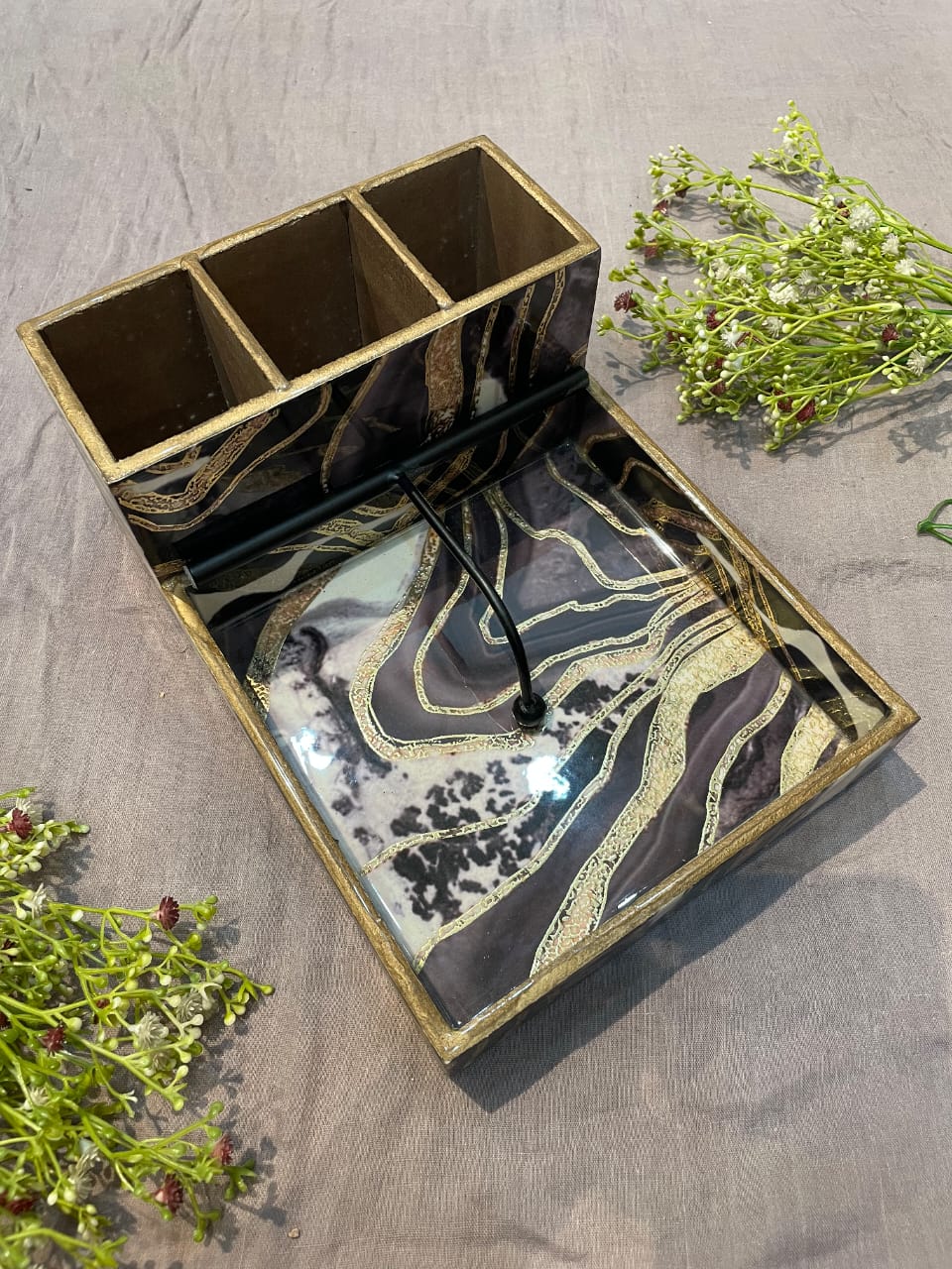 wooden enamel cutlery and napkin box