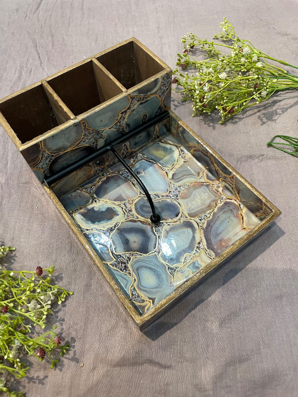 wooden enamel cutlery and napkin box