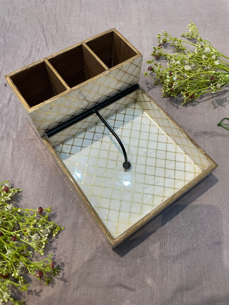 wooden enamel cutlery and napkin box